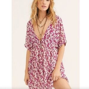 Free People Small Floral V-Neck Sun Up Mini Dress Boho Pink Tassels Babydoll